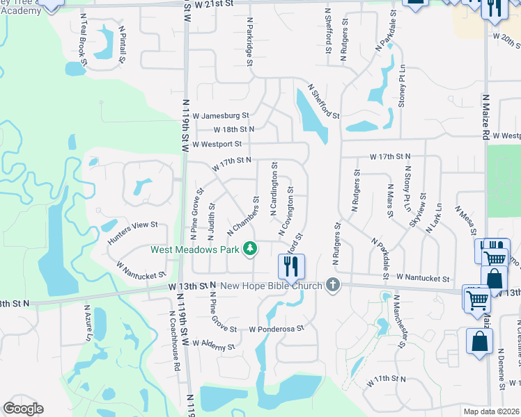 map of restaurants, bars, coffee shops, grocery stores, and more near 1603 North Cardington Street in Wichita