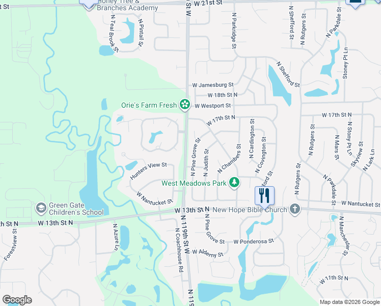 map of restaurants, bars, coffee shops, grocery stores, and more near 1615 North Pine Grove Court in Wichita