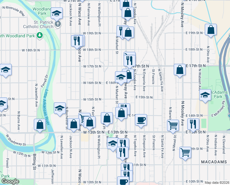 map of restaurants, bars, coffee shops, grocery stores, and more near 1642 North Market Street in Wichita