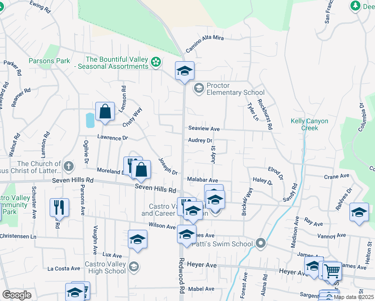 map of restaurants, bars, coffee shops, grocery stores, and more near 4602 Emily Court in Castro Valley