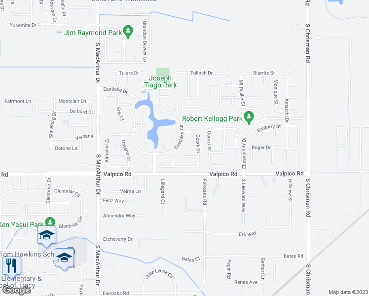 map of restaurants, bars, coffee shops, grocery stores, and more near 1084 Powell Court in Tracy