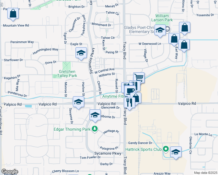 map of restaurants, bars, coffee shops, grocery stores, and more near 864 Christy Court in Tracy