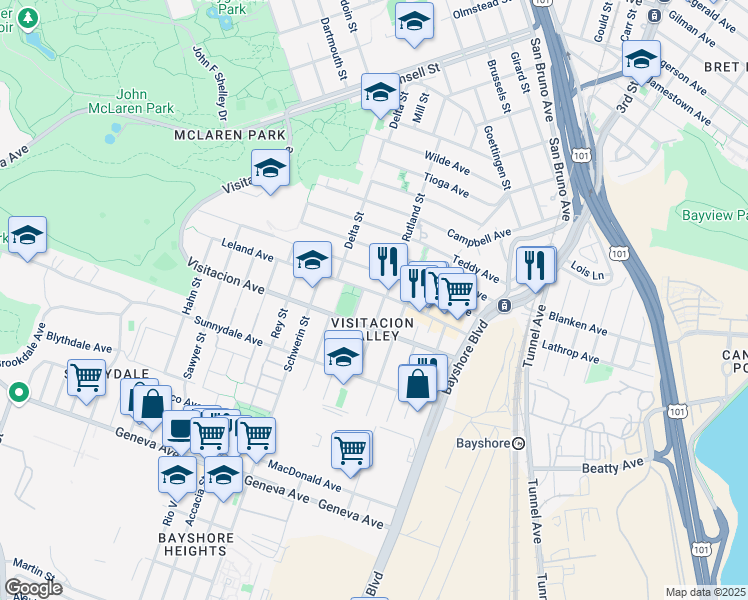 map of restaurants, bars, coffee shops, grocery stores, and more near 201 Leland Avenue in San Francisco