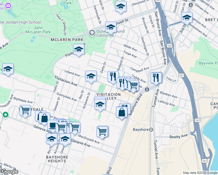 map of restaurants, bars, coffee shops, grocery stores, and more near 201 Leland Avenue in San Francisco