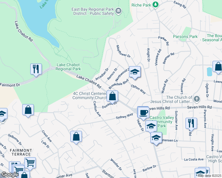map of restaurants, bars, coffee shops, grocery stores, and more near 3317 Brookdale Boulevard in Castro Valley