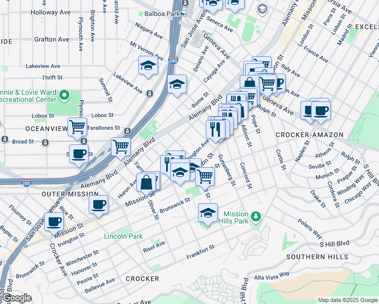 map of restaurants, bars, coffee shops, grocery stores, and more near 40 Dichiera Court in San Francisco