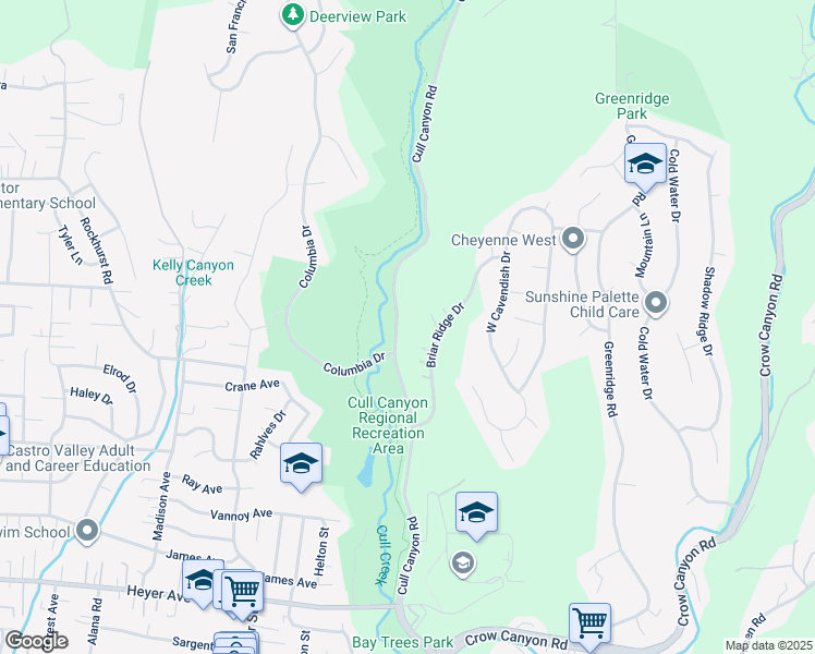 map of restaurants, bars, coffee shops, grocery stores, and more near 18698 Cull Canyon Road in Castro Valley