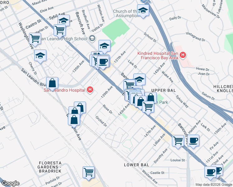 map of restaurants, bars, coffee shops, grocery stores, and more near 14101 East 14th Street in San Leandro