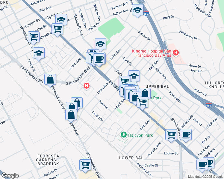 map of restaurants, bars, coffee shops, grocery stores, and more near 14101 East 14th Street in San Leandro