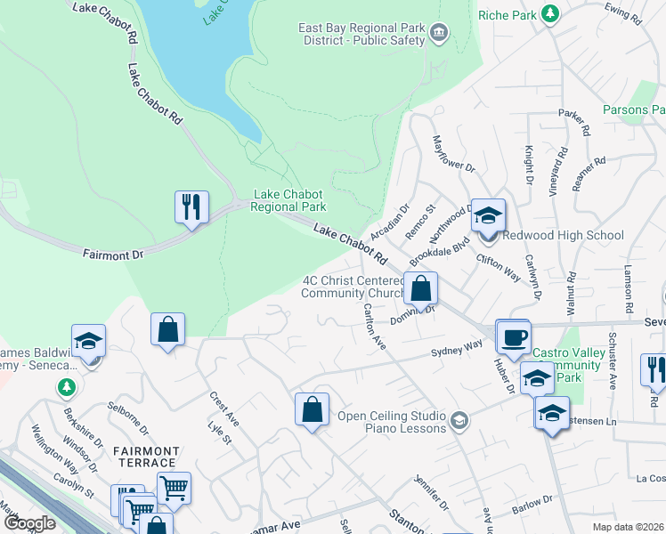 map of restaurants, bars, coffee shops, grocery stores, and more near 3146 Aylesbury Court in Castro Valley