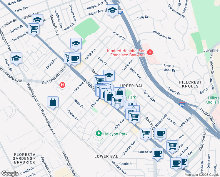 map of restaurants, bars, coffee shops, grocery stores, and more near 14300 Bancroft Avenue in San Leandro