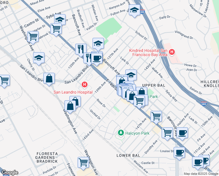 map of restaurants, bars, coffee shops, grocery stores, and more near 1350 139th Avenue in San Leandro
