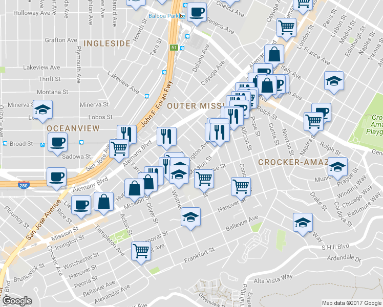 map of restaurants, bars, coffee shops, grocery stores, and more near 40 Dichiera Court in San Francisco