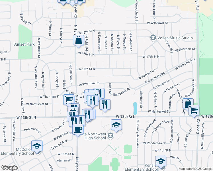 map of restaurants, bars, coffee shops, grocery stores, and more near 8406 West Thurman Street in Wichita