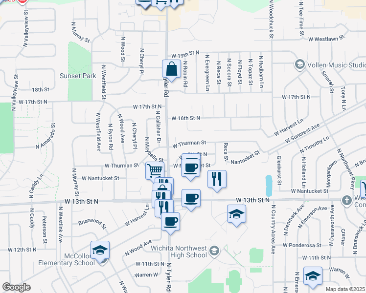 map of restaurants, bars, coffee shops, grocery stores, and more near 8612 West Thurman Street in Wichita