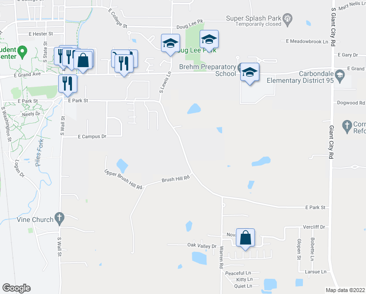 map of restaurants, bars, coffee shops, grocery stores, and more near 1085-1087 E Park St in Carbondale