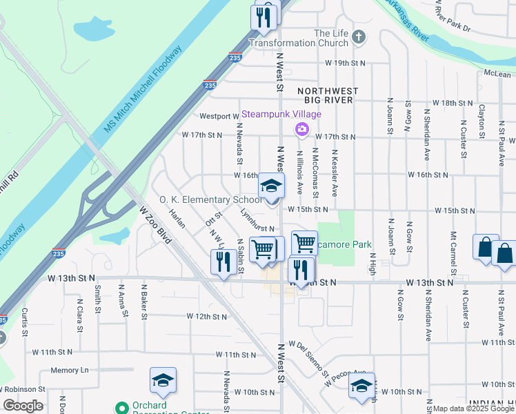map of restaurants, bars, coffee shops, grocery stores, and more near 1607 North West Street in Wichita