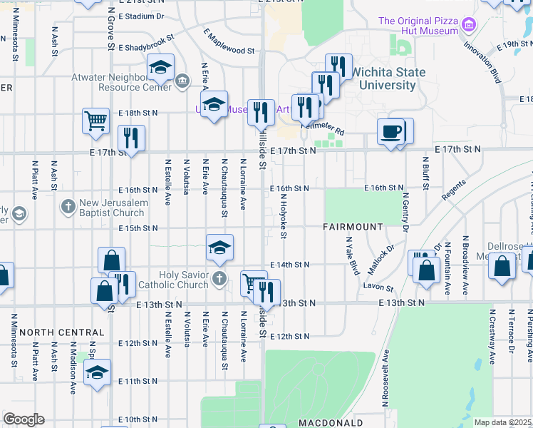 map of restaurants, bars, coffee shops, grocery stores, and more near 1642 North Hillside Street in Wichita