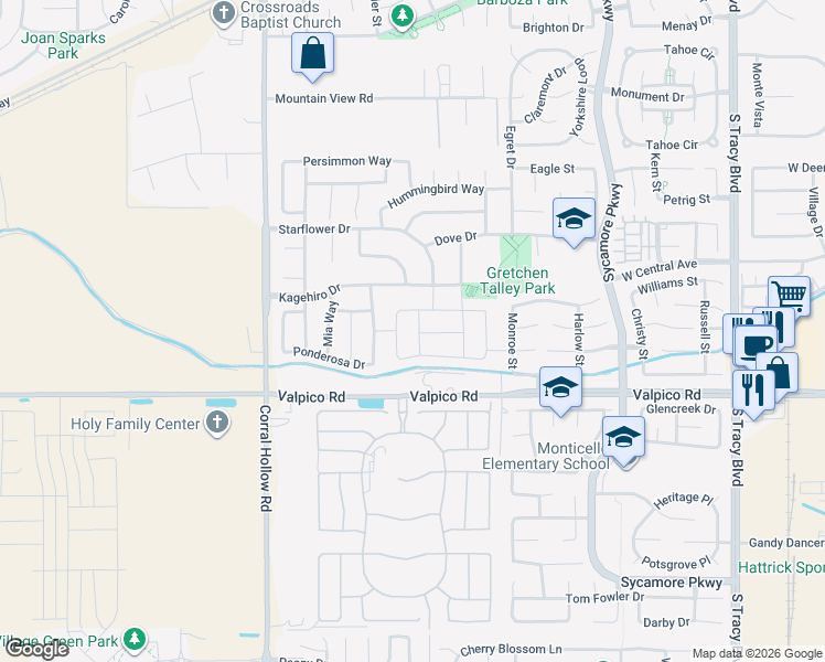map of restaurants, bars, coffee shops, grocery stores, and more near 2442 Azalea Avenue in Tracy