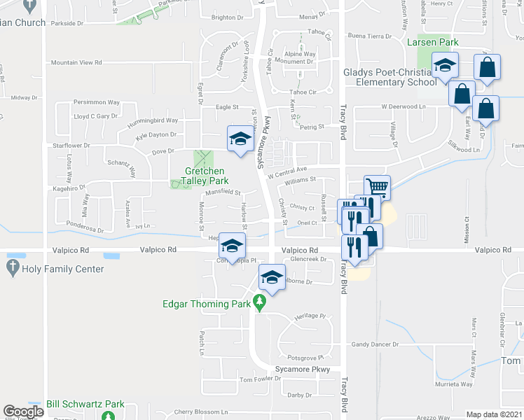 map of restaurants, bars, coffee shops, grocery stores, and more near 1134 Bogart Court in Tracy