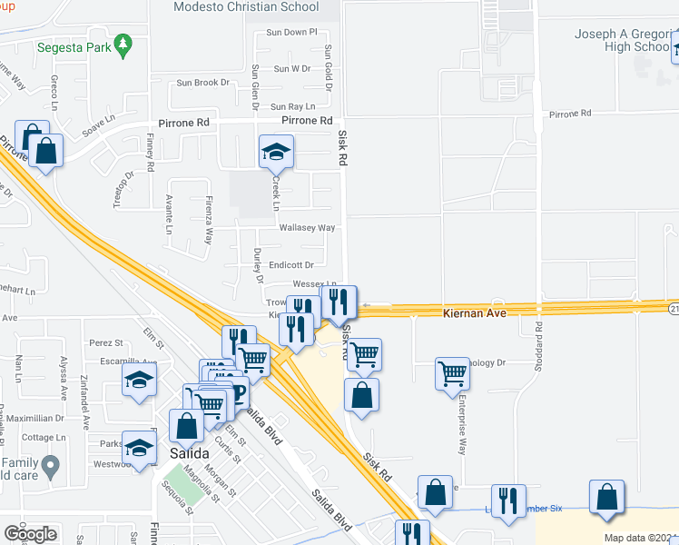 map of restaurants, bars, coffee shops, grocery stores, and more near 5105 Sisk Road in Salida