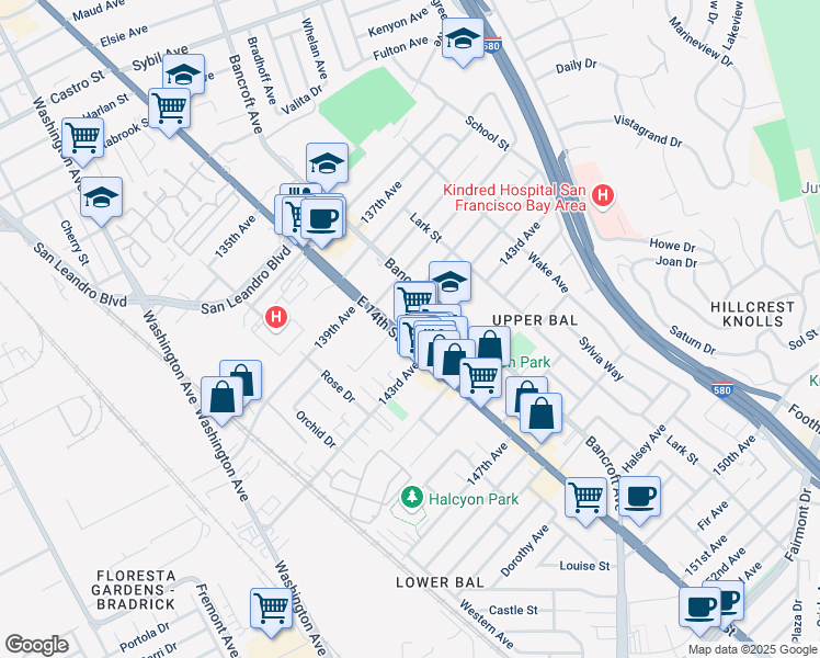 map of restaurants, bars, coffee shops, grocery stores, and more near 14100 East 14th Street in San Leandro