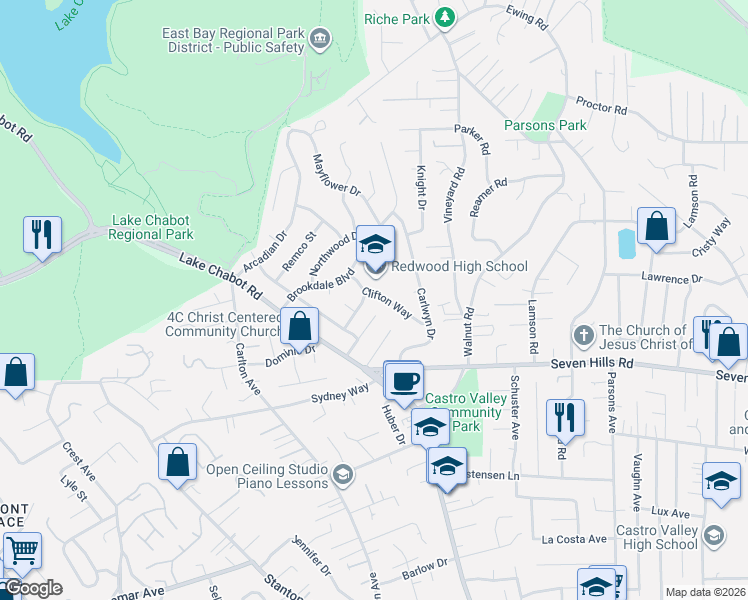 map of restaurants, bars, coffee shops, grocery stores, and more near 18419 Clifton Way in Castro Valley