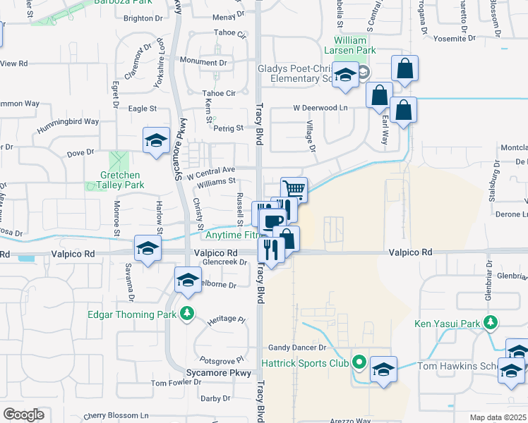 map of restaurants, bars, coffee shops, grocery stores, and more near 16 Tracy Boulevard in Tracy