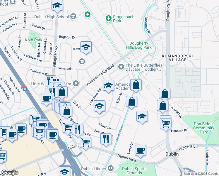 map of restaurants, bars, coffee shops, grocery stores, and more near 6800 Penn Drive in Dublin