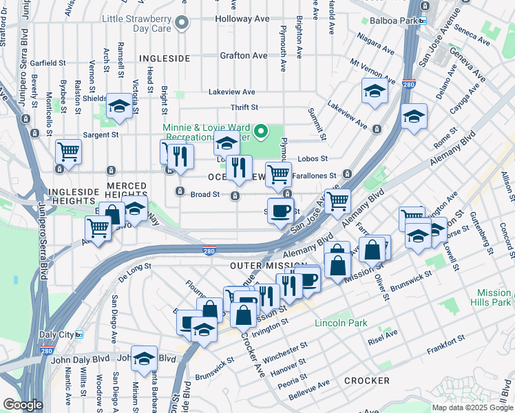 map of restaurants, bars, coffee shops, grocery stores, and more near 152 Sadowa Street in San Francisco