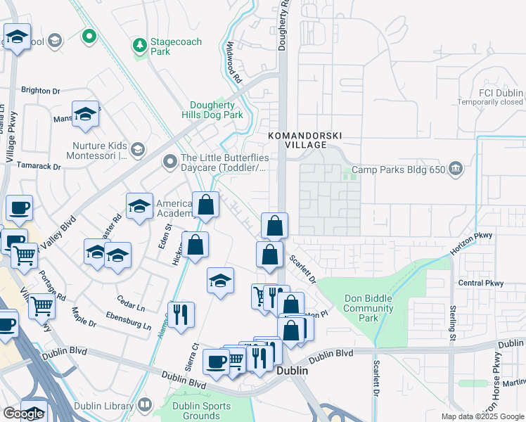 map of restaurants, bars, coffee shops, grocery stores, and more near 6381 Monterey Way in Dublin