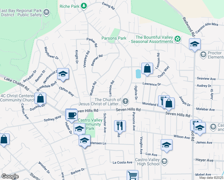 map of restaurants, bars, coffee shops, grocery stores, and more near 18744 Lamson Road in Castro Valley