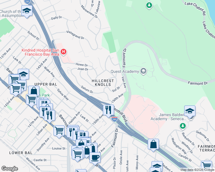 map of restaurants, bars, coffee shops, grocery stores, and more near 2127 Luna Avenue in San Leandro