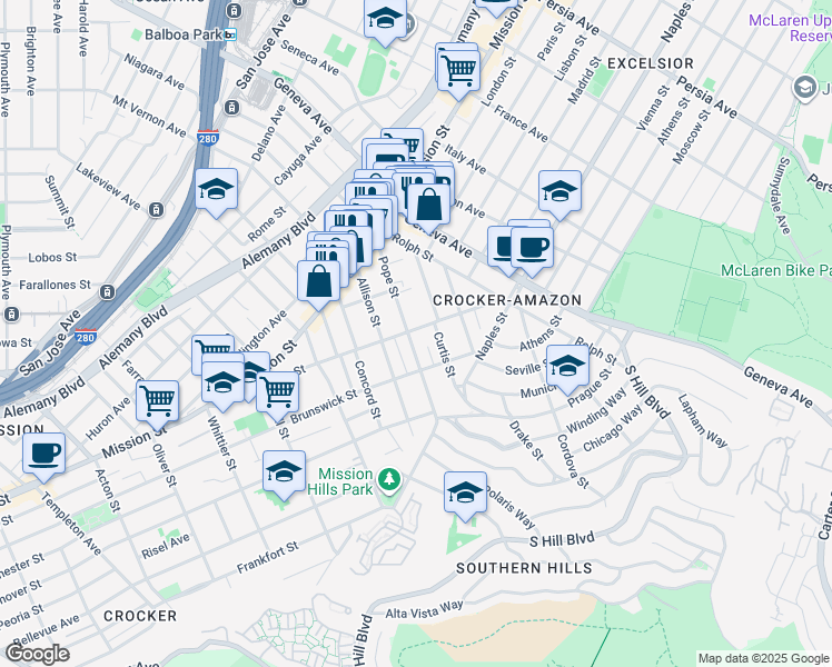 map of restaurants, bars, coffee shops, grocery stores, and more near 183 Pope Street in San Francisco
