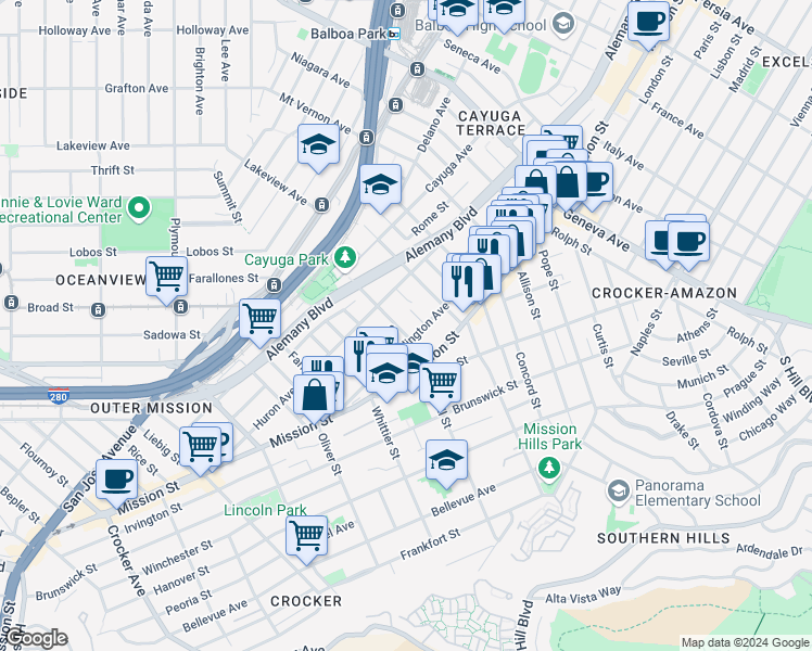 map of restaurants, bars, coffee shops, grocery stores, and more near 40 Dichiera Court in San Francisco