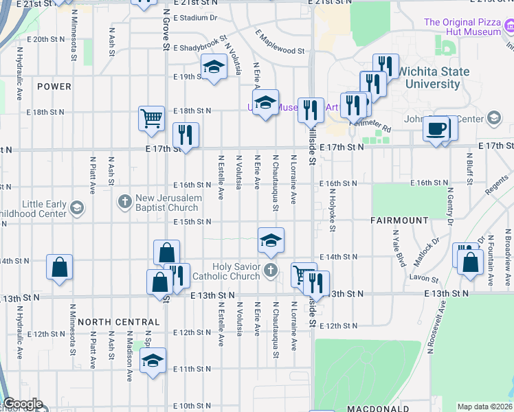 map of restaurants, bars, coffee shops, grocery stores, and more near 1638 North Erie Street in Wichita