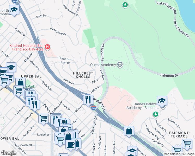 map of restaurants, bars, coffee shops, grocery stores, and more near 14856 Midland Road in San Leandro