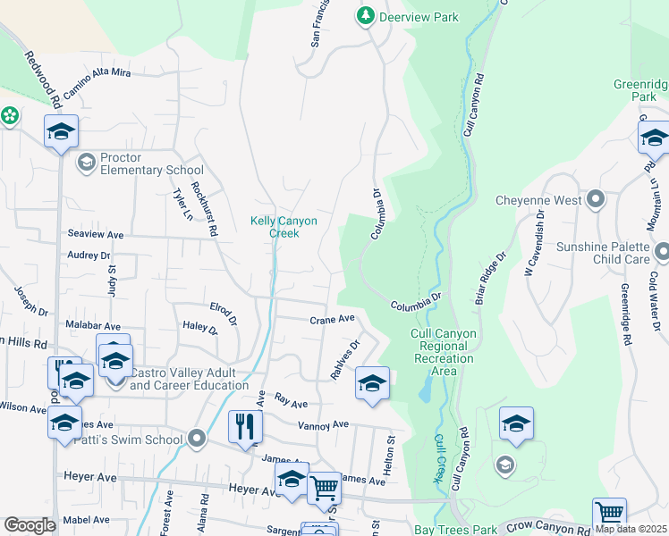 map of restaurants, bars, coffee shops, grocery stores, and more near 5320 Nash Way in Castro Valley