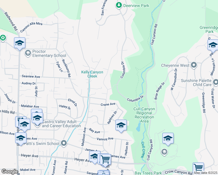 map of restaurants, bars, coffee shops, grocery stores, and more near 5320 Nash Way in Castro Valley