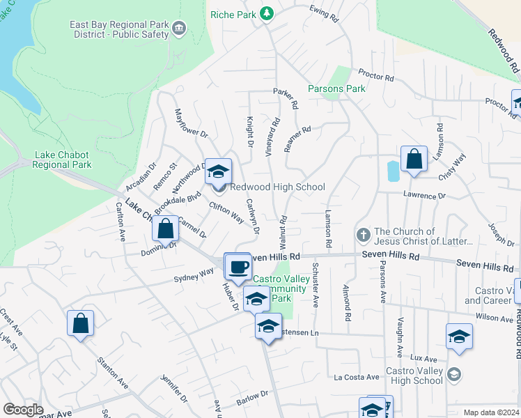 map of restaurants, bars, coffee shops, grocery stores, and more near 18787 Vineyard Road in Castro Valley