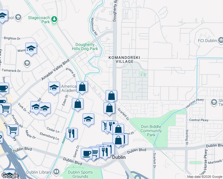 map of restaurants, bars, coffee shops, grocery stores, and more near 6366 Monterey Way in Dublin