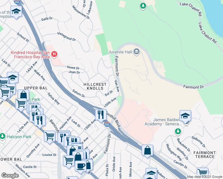 map of restaurants, bars, coffee shops, grocery stores, and more near 2230 Sol Street in San Leandro