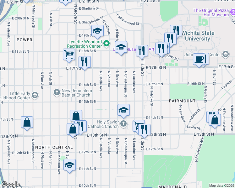 map of restaurants, bars, coffee shops, grocery stores, and more near 1638 North Erie Street in Wichita
