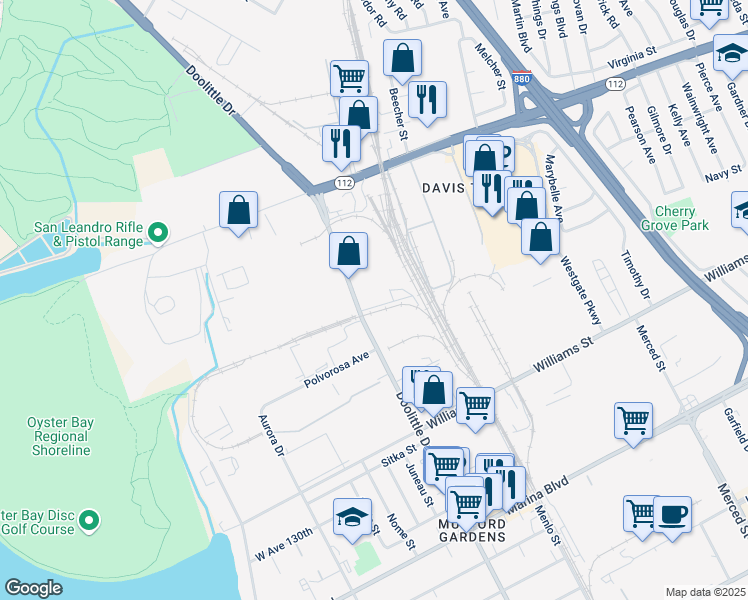 map of restaurants, bars, coffee shops, grocery stores, and more near 1500 Doolittle Drive in San Leandro
