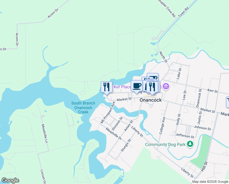 map of restaurants, bars, coffee shops, grocery stores, and more near 13 Market Street in Onancock