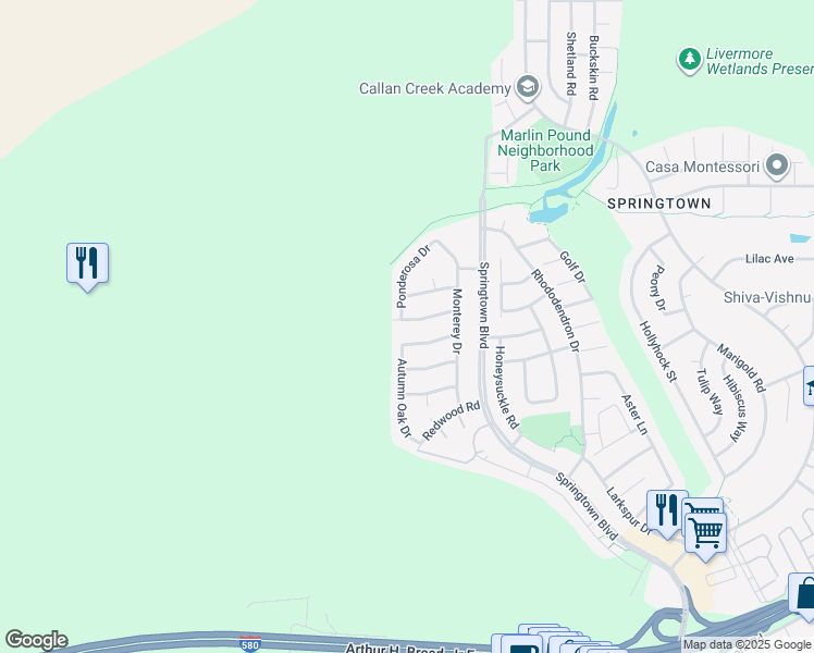 map of restaurants, bars, coffee shops, grocery stores, and more near 4101 Bristlecone Way in Livermore