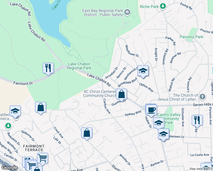 map of restaurants, bars, coffee shops, grocery stores, and more near 18201 Lake Chabot Road in Castro Valley