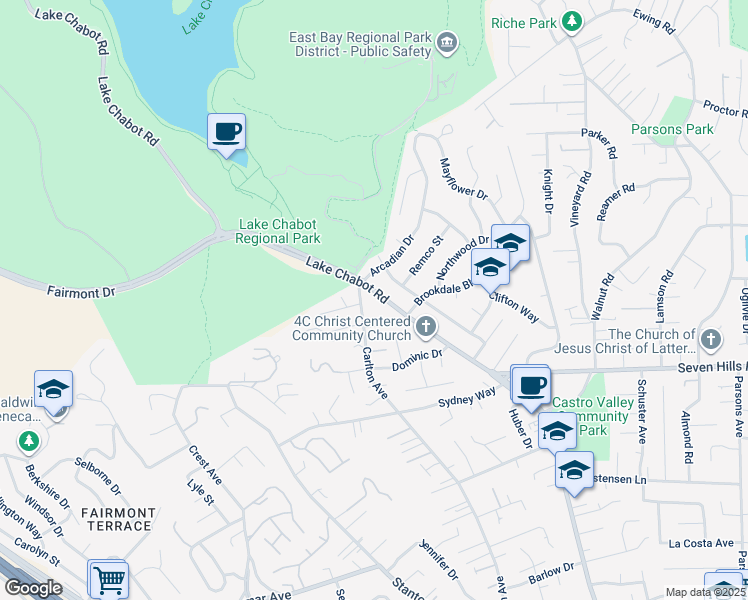map of restaurants, bars, coffee shops, grocery stores, and more near 18201 Lake Chabot Road in Castro Valley