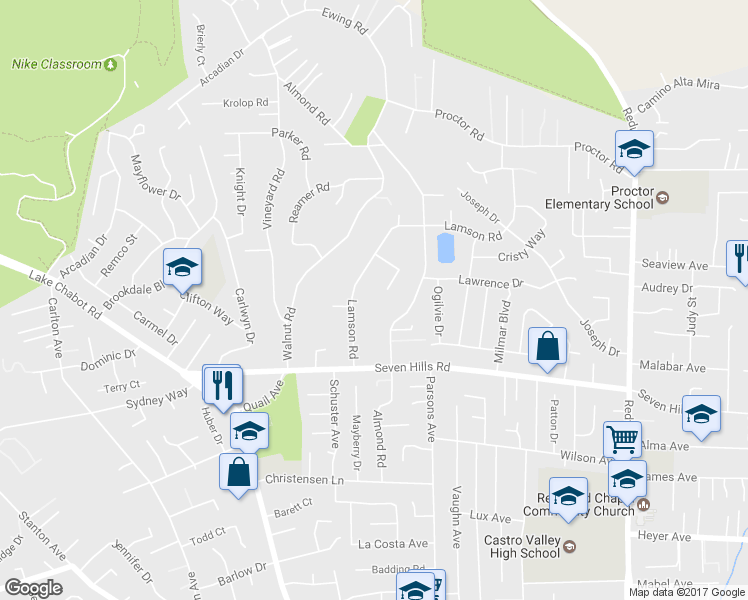 map of restaurants, bars, coffee shops, grocery stores, and more near 18744 Lamson Road in Castro Valley