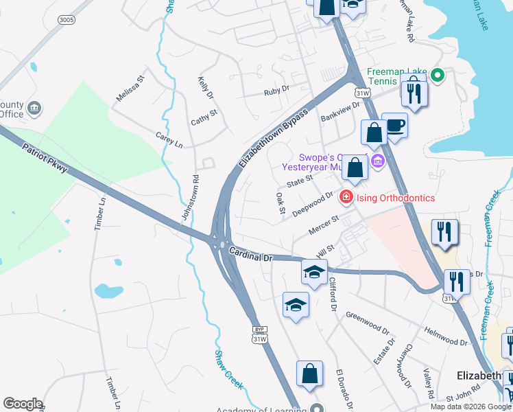 map of restaurants, bars, coffee shops, grocery stores, and more near 104 Cottage Circle in Elizabethtown